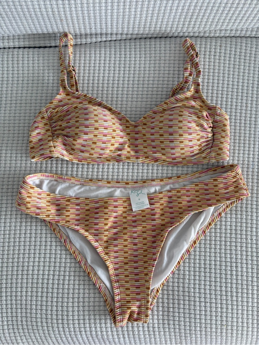 Kona Sol Pink, Yellow & Brown Striped Bikini Top